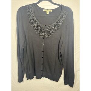 Debbie Morgan black knit cardigan sweater with ribbon beaded roses Sz large